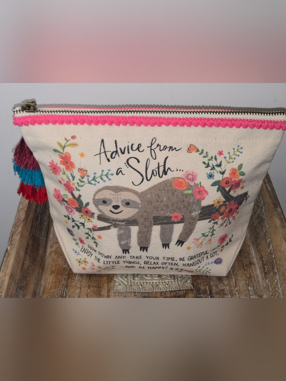 Natural Natural Life "Advice From A Sloth" Canvas Pouch Tassel Cosmetic Makeup B